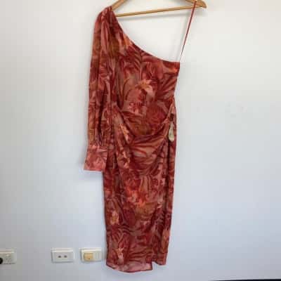 RUNAWAY Red Tropics Kana One Shoulder Midi Dress  Size 10 / M 