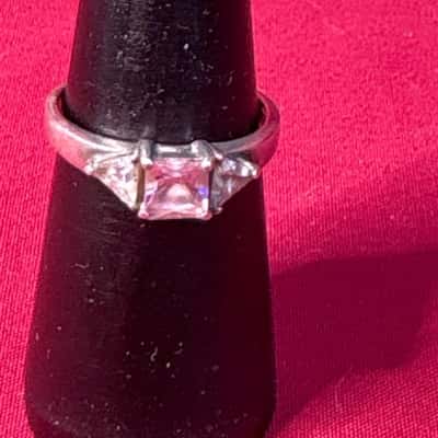  Women's 925 Silver Ring Three Stone Pink Central Stone with Two Smaller Side Clear Stones