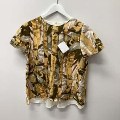 Scanlan Theodore Womens  Size 12 Short Sleeve Top Khaki / Multicoloured 