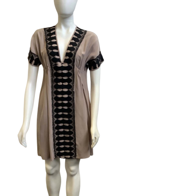 Thurley Womens  Size 10 Lace Trim Silk Mini Dress Taupe / Black