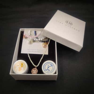 Lisa Hoffman Fragrance Necklace In Original Box Consisting Of 50cm Of Baby Pearls, Gold Plated Silver filigree Drop & 2 Scented Bead Containers (RRP $400)
