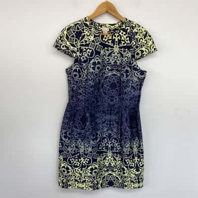 H&M Navy Blue Yellow Pattern Short Sleeve Mini Dress  Size 10 