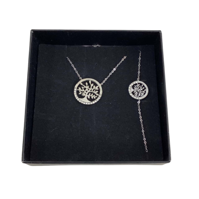 Pierre Cardin Womens Tree of Life Bracelet / Necklace Silver Tone Matching Set with Box 