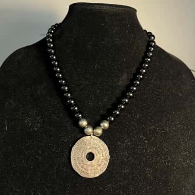 Black Glass Beaded Necklace With Silver Tone Jet’Amie (I love you) Pendant