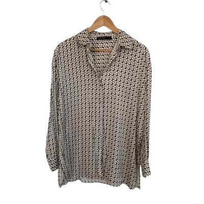 Decjuba Womens  Size M Button Up Top / Long Sleeve Top Beige / Black  / Pattern / White 
