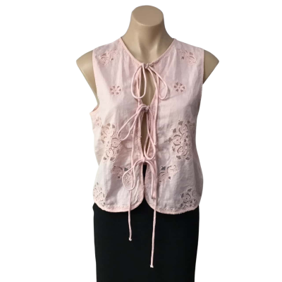 Cotton On Womens Size 10 Pale Pink Tie Front Sleeveless Top with Lace Motifs