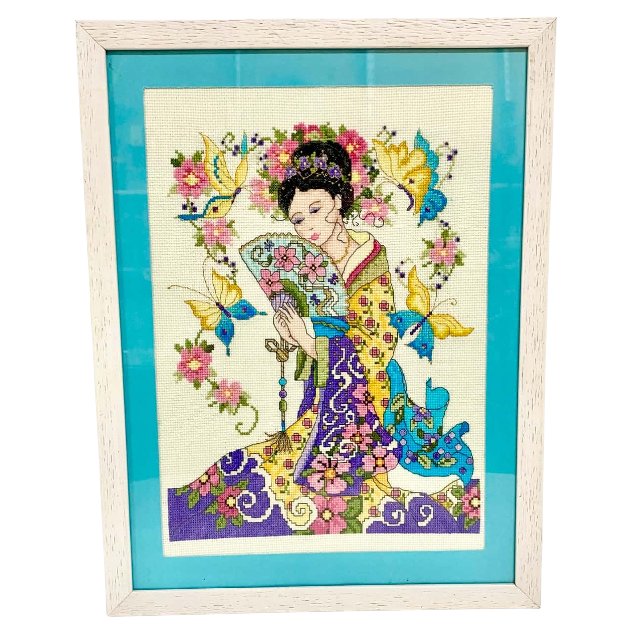 Stunning Japanese Lady Cross Stitch Framed behind Glass 44cm x 34cm (s)