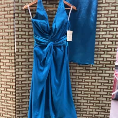 BNWT Women’s Sophia Tolli Cyan Halter Neck Dress 6 Bridesmaid Formal Bride Gown Sash 