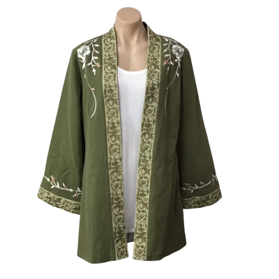 Joe Browns Womens Size 14 Khaki  Green  / Multicoloured Embroidered Pattern Open Jacket