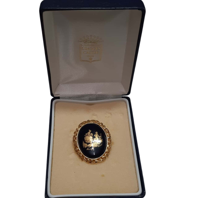 Vintage Limoges Castel France Courting Couple Deep Blue Porcelain Pin Brooch with Box