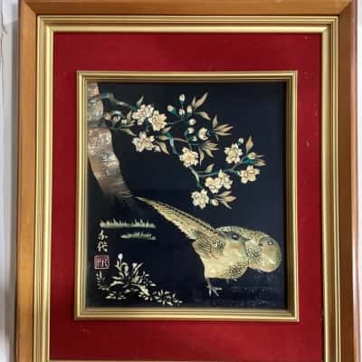 Japanese Mother-Of-Pearl Bird and Flower in Frame 