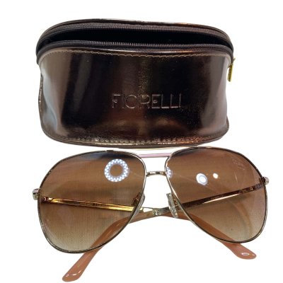 This is a pair of Fiorelli aviator-style sunglasses with a gold-tone metal frame and brown gradient lenses 