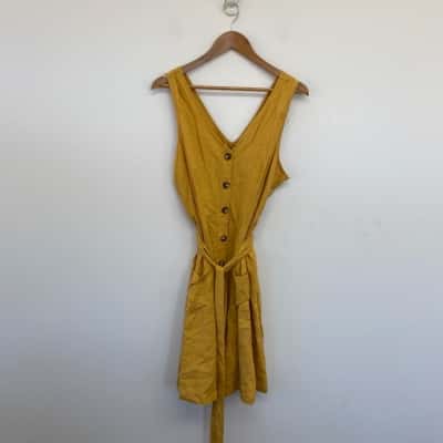 Katies Mustard Sleeveless Linen Waist Button Up Mini Dress  Size 16