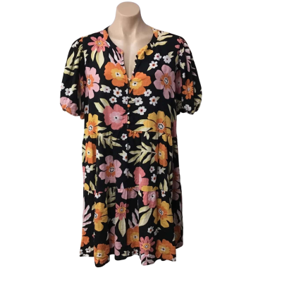 Sportsgirl Womens Size 18 Black  / Pink / White / Orange Floral Short Sleeve Mini Dress