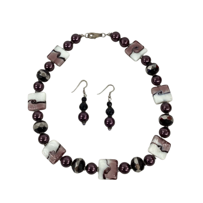  Womens Beaded Necklace / Earrings Purple / White Art Glass  Matching Set 