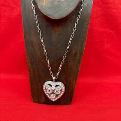  Women's Silver Tone Costume Jewellery Heart Pendant Necklace with Rhinestones Accents