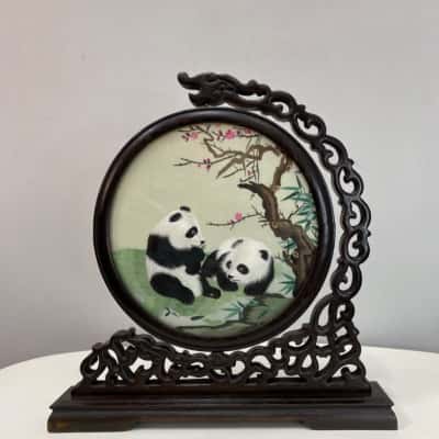 Chinese Double-Sided Silk Giant Panda Embroidery table screen in Rotating carved wooden stand