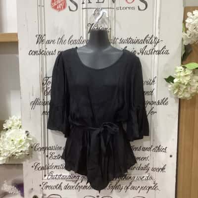 BRIDGEE BRAND! BNWT RRP $99.00! BLACK AS NIGHT SILKY BLOUSE! Womens  Size 10 Short Sleeve Top Black  