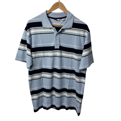 Reserve Mens Size L Blue / White / Navy Blue / Yellow Striped Polo Shirt