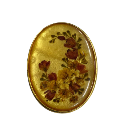  Womens Brooch Gold / Red / Yellow With Real Pressed Flowers