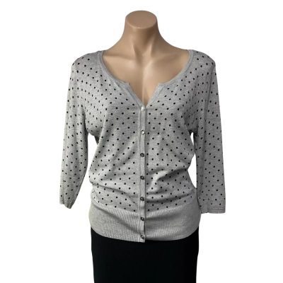 Jacqui-E Womens Size S Grey / Black Spotted Button-down 3/4 Sleeve Cardigan 