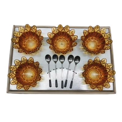 Vintage Amber Glass Lotus Blossom Bowl Set with Spoons