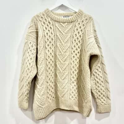 Vintage Rivergum Classics Pure New Wool Cable Cream Jumper Size L