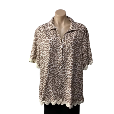 Eclect. Womens Size 14 Cream  / Beige  / Brown Animal print Linen Blend Short Sleeve Shirt (new)