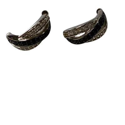 SS 925 Criss Cross Style Stud Earrings W/ Black+Clear Stones