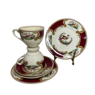 Antique Chelsea Bird 2 Red Cup and 2 Saucer 2 plates Set by Myott Staffordshire