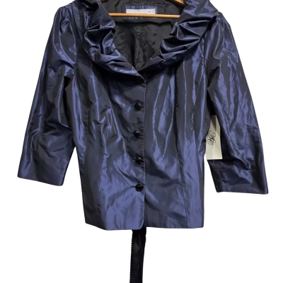 Anthea Crawford, Womens, Size 16, iridescent indigo tie back jacket with deep V cut and ruffled collar