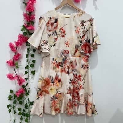 Witchery Womens Short Sleeve Midi Dress Size 14 Beige / Floral 