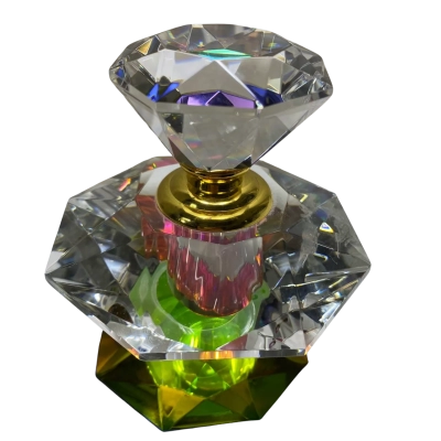 a decorative, multi-faceted crystal prism perfume or attar bottle featuring an iridescent rainbow finish and a vibrant green hexagonal base