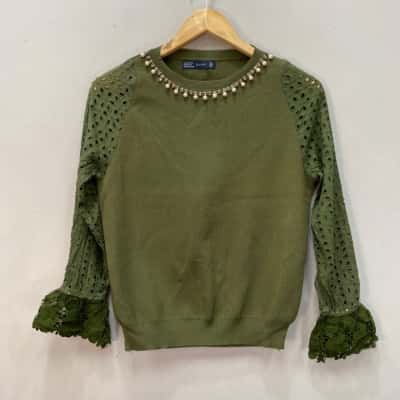 Zara Womens  Size S/M Long Sleeve Stretch Ribbed Top Khaki 