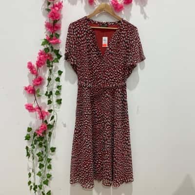 Jacqui-E Womens Short Sleeve Button-up Midi Dress Size 14 Maroon 