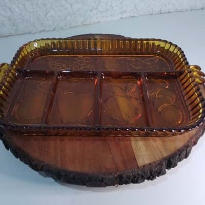 Vintage Indiana Glass Fruit Themed Amber Divided Platter/Serving Tray