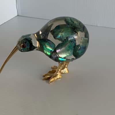 New Zealand Kiwi Figurine- Genuine Paua Shell set in Clear Resin