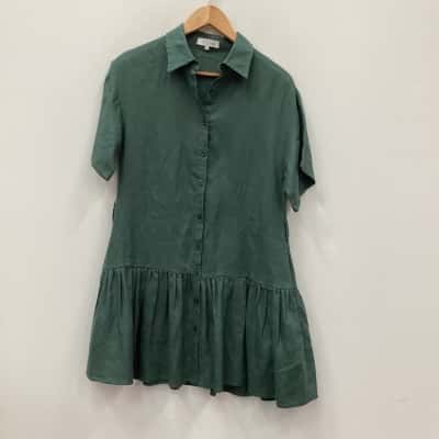 AERE Size 6 100% LINEN Midi/ Short Sleeve Dress  Green 