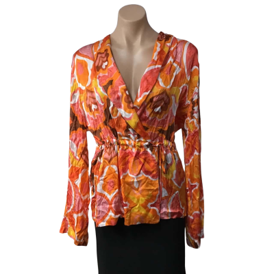 Love My Body Womens Size 44 White / Coral / Orange / Yellow Pattern Long Sleeve Crossover Top 