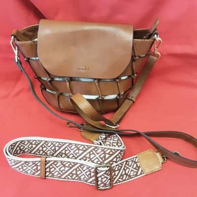  Evity plaited leather style tan canvas lined shoulder bag with extra woven strap