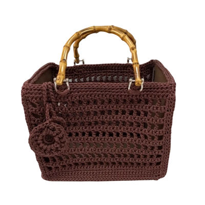  Womens Tote Bag Brown Crochet with Bamboo Handles