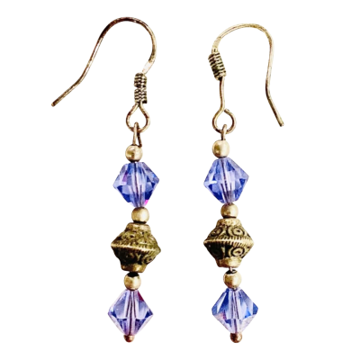  Dangling Purple Diamond-Shaped Beads Silver Earrings 