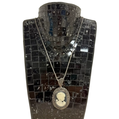 Vintage Sterling Silver (925) Art Deco Cameo Marcasite Stone Pendant and Box Chain