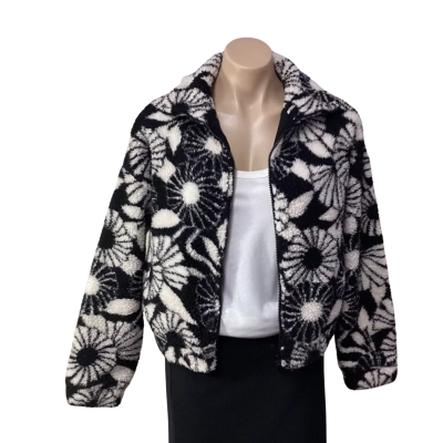 Sportsgirl Womens Size XXS Black / White Floral Zip Front Cropped Fleece Jacket