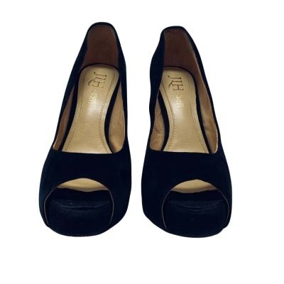 Elegant Black Suede Jennifer Hawkins “Cane” Peep-Toe Heels – Size 10