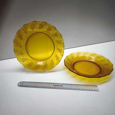 Vintage KIG Indonesia Amber Glass Grape Pattern Serving Plate Pair 21cm