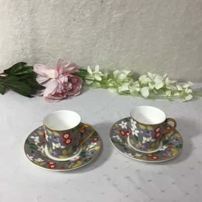 Hankook Floral Pattern Fine Bone China Expresso Cup & Saucer (x 2 sets)