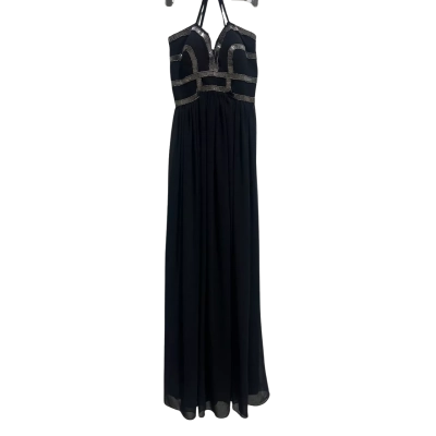 Bariano formal/evening gown, style B3D27-L – “Tali Geometric Beading Strapless” in Black/Gunmetal, size 8.