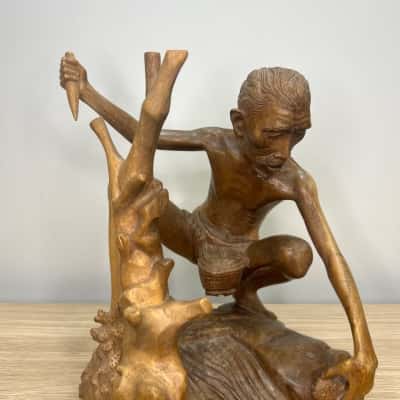 Balinese Style Carved Wood Fisherman Sculpture 