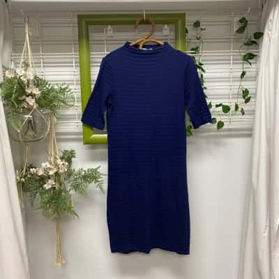 Country Road Womens  Cotton Seersucker Look Size L Midi Dress Navy Blue 